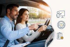 Driving lesson in sunny car interior